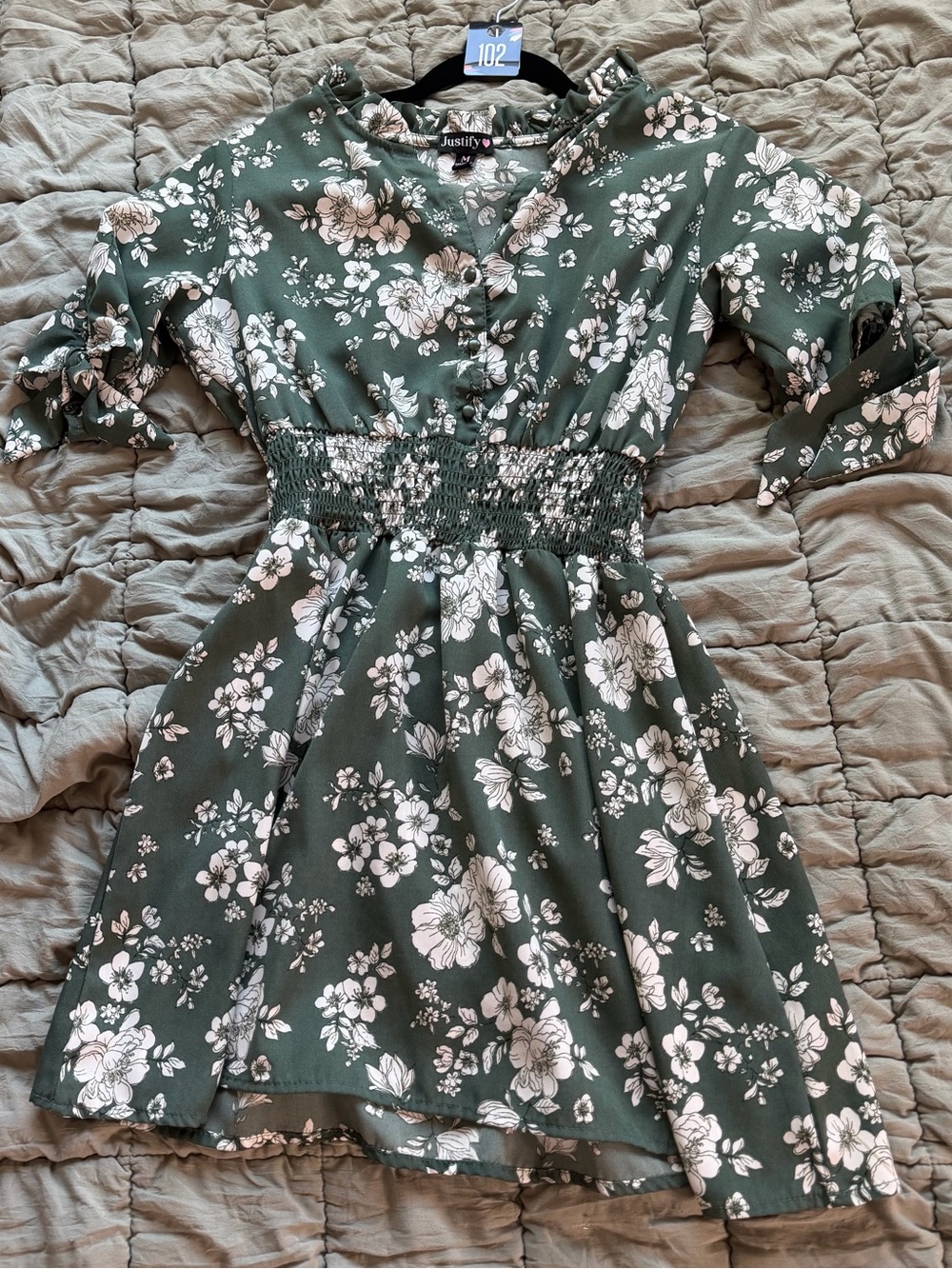Justify Olive Green Floral Smocked Midi Dress with White Blooms